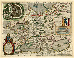 Пример цветной старинной карты России созданной Hessel Gerritsz, с большой вставкой Москвы и видом Архангельска